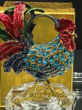 RUCINNI Jeweled Rooster Enamel Hinged Trinket Box with Swarovski Crystals